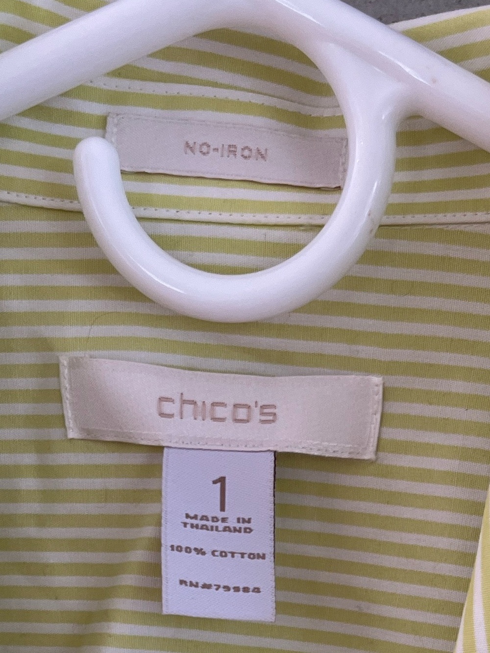 CHICOS No Iron White & Lime Green Stretch Striped Button Up Shirt 8 NWOT - Picture 10 of 11